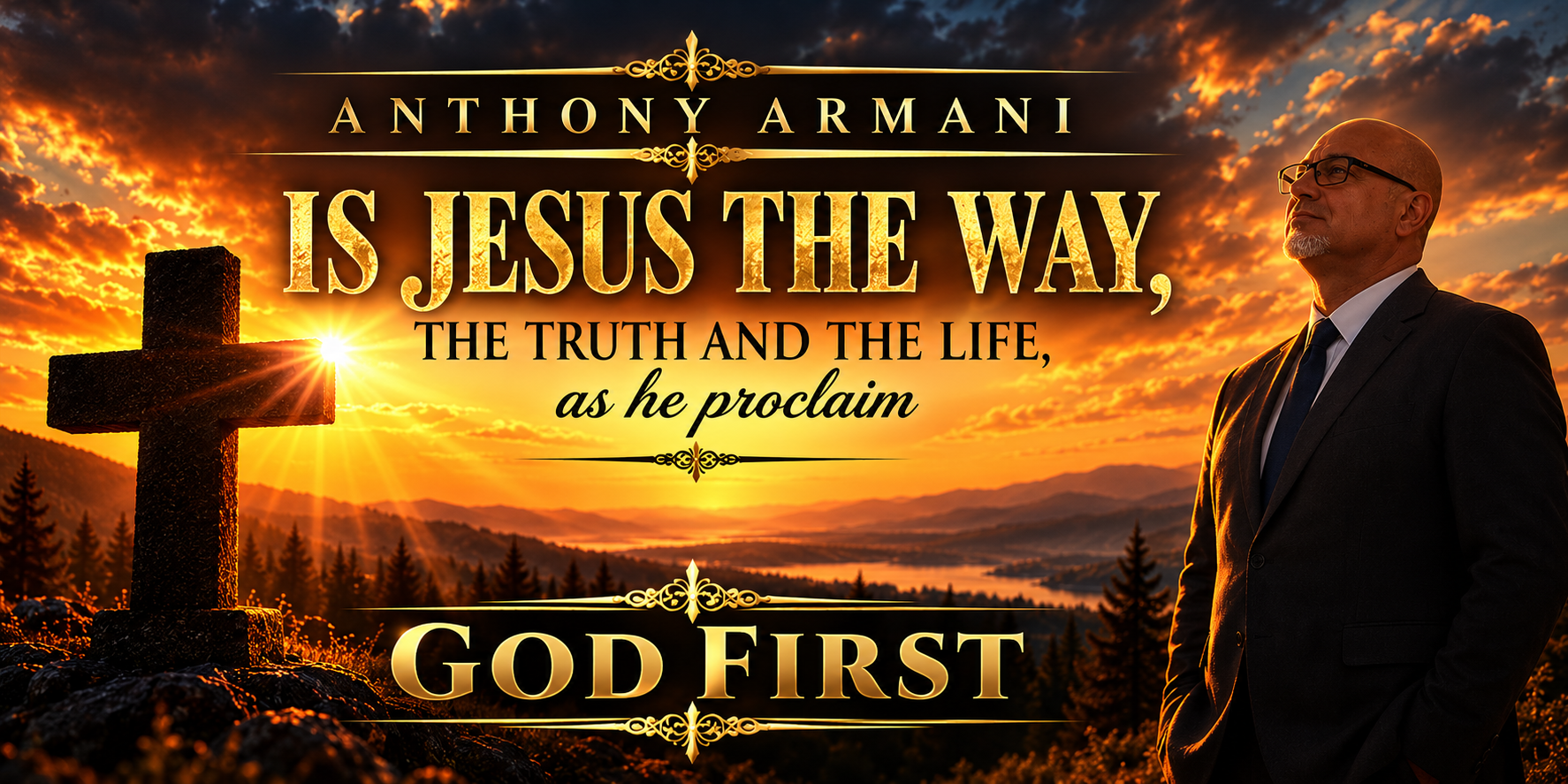 God First — official brand artwork: cross at sunset with golden lettering